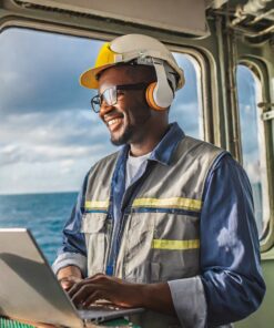 Starlink Mobile Priority Data Prepaid Voucher - DLV2000 ELCOME Starlink image of a happy employee in uniform in a tanker ship in the ocean communicating using lapt