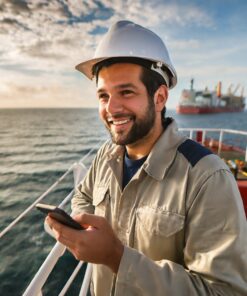 Starlink Mobile Priority Data Prepaid Voucher - DLV2000 ELCOME Starlink image of a happy employee in uniform in a tanker ship in the ocean communicating with his f
